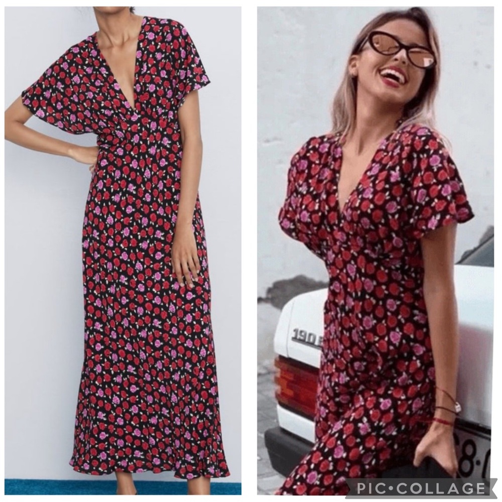 Zara Black and Red Floral Maxi Dress
